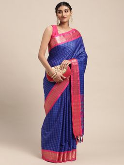 Vastranand - Blue Checked Pure Silk Gadwal Saree with Unstitched Blouse