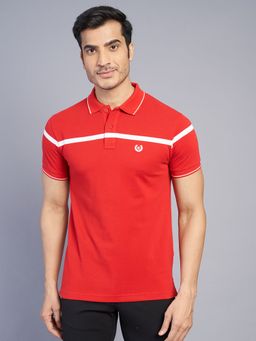 Greenfibre - Slim Fit Striped Red Cotton Blend Polo T-Shirt