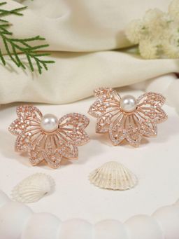 I Jewels - Designer Rose Gold-Plated White Pearl Stud Earrings