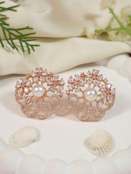 I Jewels - Rose Gold-Plated Stone Studded Pearl Stud Earrings