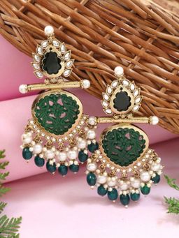 I Jewels - Gold Plated Green Kundan and Pearl Drop Earrings
