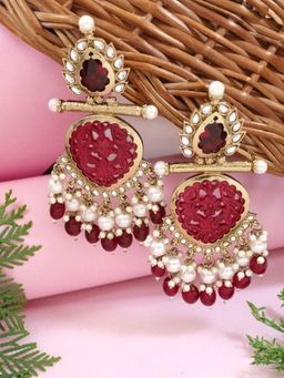 I Jewels - Gold Plated Maroon Kundan and Pearl Drop Earrings