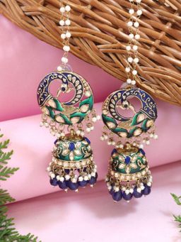 I Jewels - Multi-Color Peacock Shaped Jhumka Earrings with Detachable Pearl Ear Chain