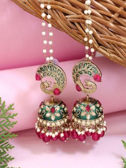 I Jewels - Peacock Shaped Jhumka Earrings with Detachable Pearl Ear Chain