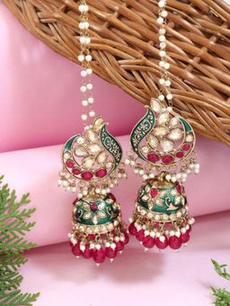 I Jewels - Traditional Kundan Jhumka Earrings with Detachable Pearl Ear Chain