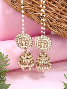 I Jewels - White Kundan and Pearl Jhumka Earrings with Detachable Pearl Ear Chain