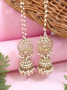 I Jewels - White Peacock Kundan Jhumka Earrings with Detachable Pearl Ear Chain