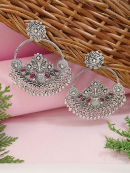 I Jewels - Silver Plated Multi-Color Stone Floral Chandbali Earrings