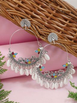 I Jewels - Silver Oxidised Peacock Shells Design Chandbali Earrings