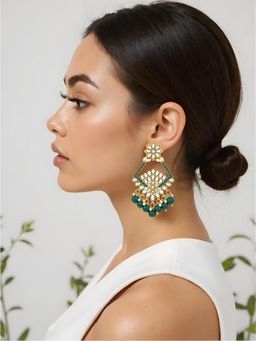 I Jewels - Green Designer Gold Plated Kundan and Pearl Drop Earrings