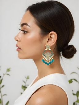 I Jewels - Teal Designer Gold Plated Kundan and Pearl Drop Earrings