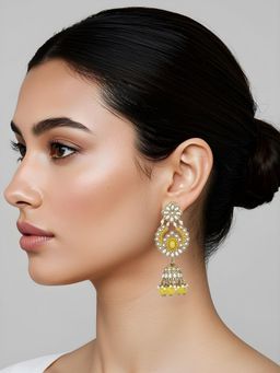 I Jewels - Yellow Floral Kundan Work with Pearl Jhumka Earrings