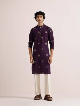 KISAH - Men Purple Cotton Silk Printed Kurta