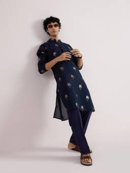 KISAH - Men's Navy Blue Polyrayon Gold Print Kurta with Straight Leg Trouser