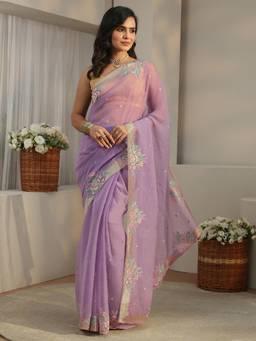Libas - Lavender Floral Embroidered Organza Saree