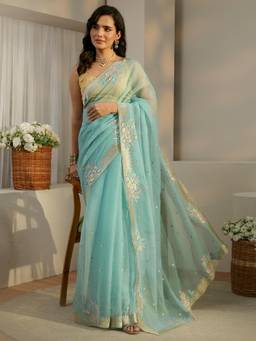 Libas - Powder Turquoise Floral Embroidered Organza Saree