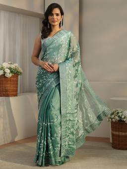 Libas - Sea Green Floral Embroidered Tissue Saree