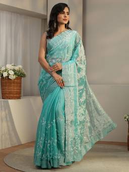 Libas - Turquoise Floral Embroidered Tissue Saree