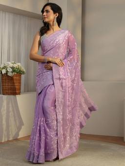 Libas - Lilac Purple Floral Embroidered Tissue Saree