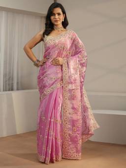 Libas - Pink Floral Embroidered Tissue Saree