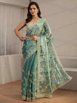 Libas - Sea Green Floral Embroidered Tissue Saree