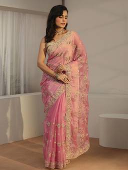 Libas - Dusty Pink Floral Embroidered Tissue Saree
