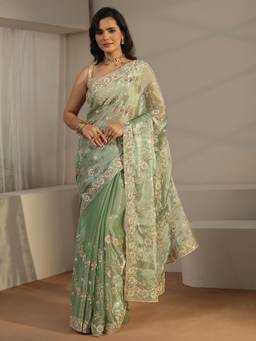 Libas - Pista Green Floral Embroidered Tissue Saree