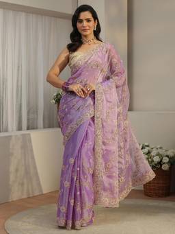 Libas - Lavender Floral Embroidered Tissue Saree