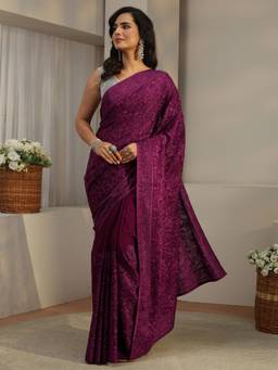 Libas Art - Burgundy Embroidered Tissue Saree