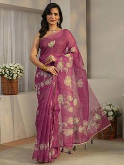 Libas - Purple Floral Printed Zari Saree with Woven Design Border with Unstitched Blouse
