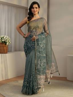 Libas - Blue Floral Printed Zari Saree with Woven Design Border with Unstitched Blouse