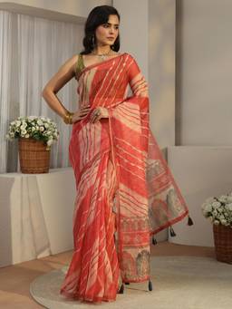 Libas - Red Laheriya Printed Zari Saree with Woven Design Border with Unstitched Blouse