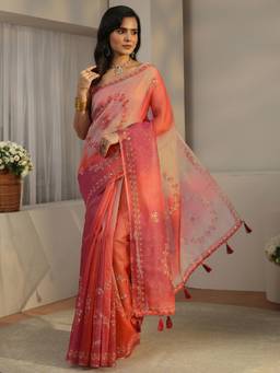 Libas - Pink Laheriya Printed Zari Saree with Woven Design Border with Unstitched Blouse