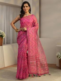 Libas - Pink Zigzag Printed Zari Saree with Woven Design Border with Unstitched Blouse