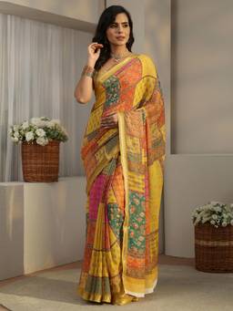 Libas - Multi-Color Floral Printed Saree with Woven Design Border with Unstitched Blouse