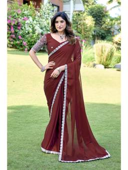 Nyri - Womens Floral Georgette Saree - Maroon