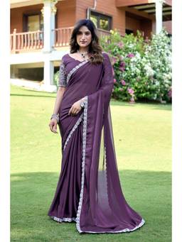 Nyri - Womens Floral Georgette Saree - Purple