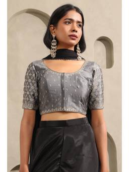 Soch - Womens Grey Poly Viscose Floral Zari Embroidered Blouse with Sequins