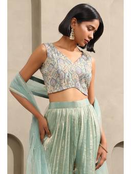 Soch - Womens Blue Chinon Botanical Zari Embroidered Blouse with Sequins
