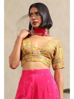 Soch - Womens Mustard Silk Botanical Blouse with Zari Work