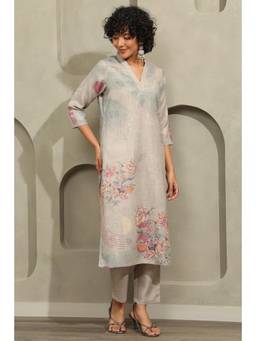 Soch - Womens Grey Linen Botanical Printed Kurta and Pant