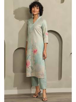 Soch - Womens Sap Green Linen Floral Printed Kurta and Pant