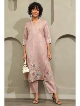 Soch - Womens Onion Pink Cotton Blend Botanical Printed Kurta and Pant