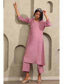 Soch - Womens Onion Pink Muslin Solid A-Line Kurta and Pant with Beads