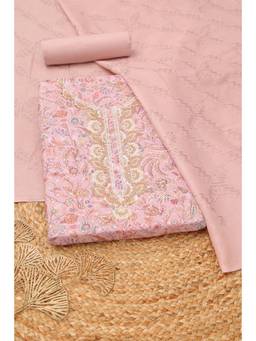 Soch - Womens Pink Cotton Botanical Printed Dress Material with Beads