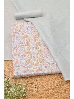 Soch - Womens Grey Cotton Botanical Printed Dress Material with Beads