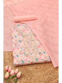 Soch - Womens Peach Cotton Floral Printed Dress Material with Chikankari Embroidery and Beads