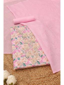 Soch - Womens Pink Cotton Floral Printed Dress Material with Chikankari Embroidery and Beads