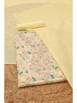 Soch - Womens Yellow Cotton Floral Printed Dress Material with Chikankari Embroidery and Beads