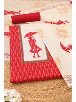 Soch - Womens Red Cotton Ikat Printed Dress Material with Applique Work
